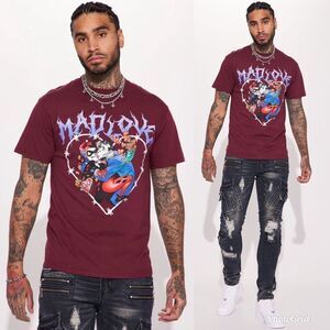 2/$30 Fashion Nova Harley Quinn and Joker Mad Love Short Sleeve Tee - Burgundy